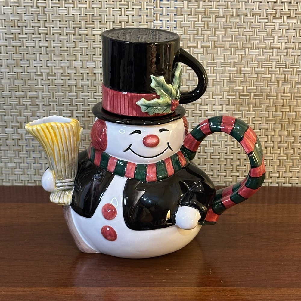 🎄2007 Fitz & Floyd Christmas Snowman Cup Cocoa For One Ceramic Teapot & Teacup